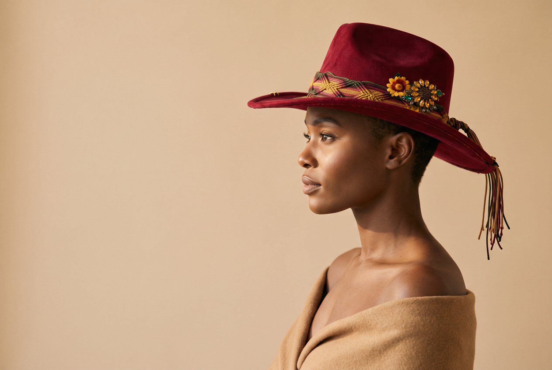 Profile portrait of a woman wearing a hand-finished Burns Brims wide-brim hat