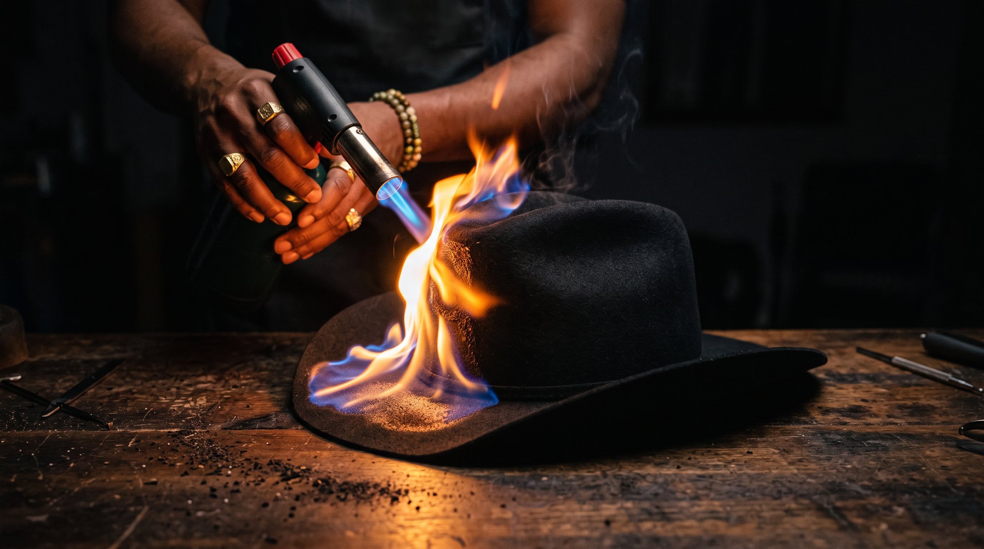 A butane torch running live flame across the crown and brim of a black felt hat