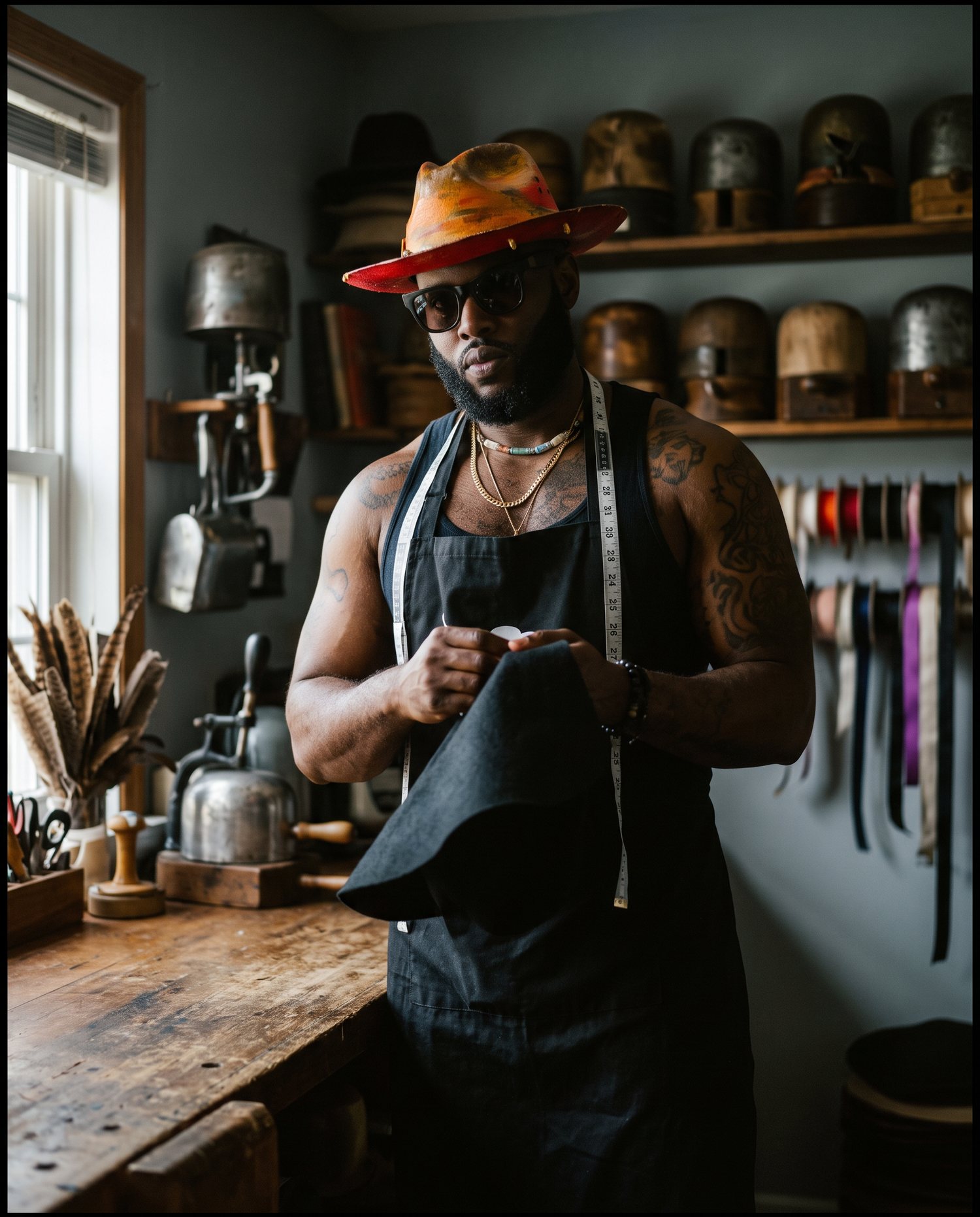 Marquise “Hollywood” Burns in his atelier holding a sheet of raw black felt