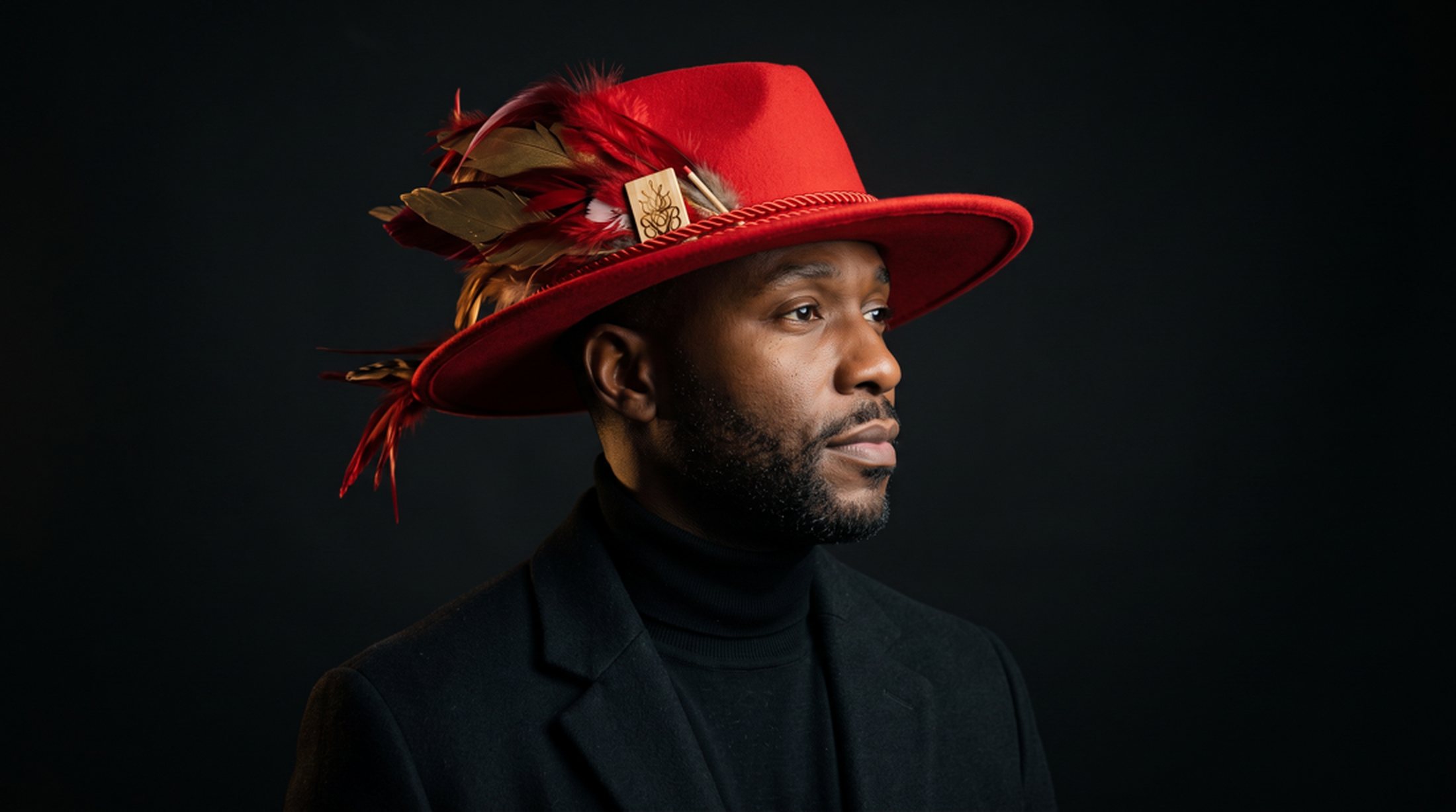 Man wearing the Phoenix scarlet wide-brim hat with red and gold feather plume