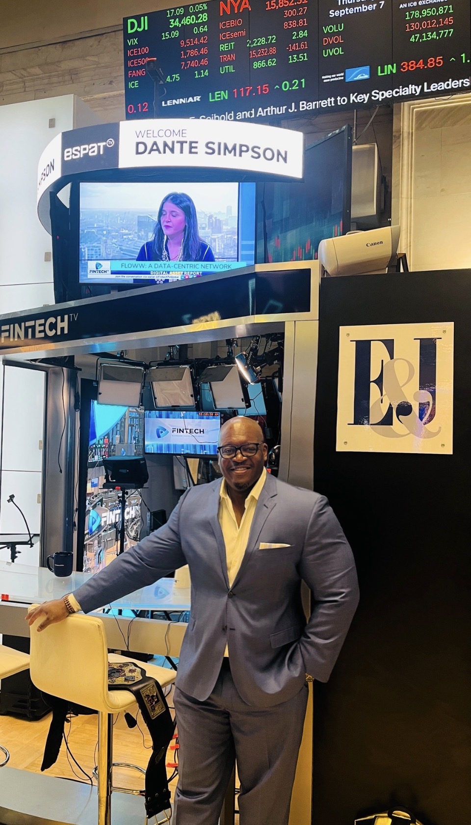 Dante Simpson on the FINTECH.TV set, New York Stock Exchange