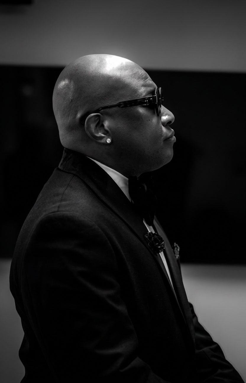Portrait of Harvey Cummings II in profile, wearing a tuxedo