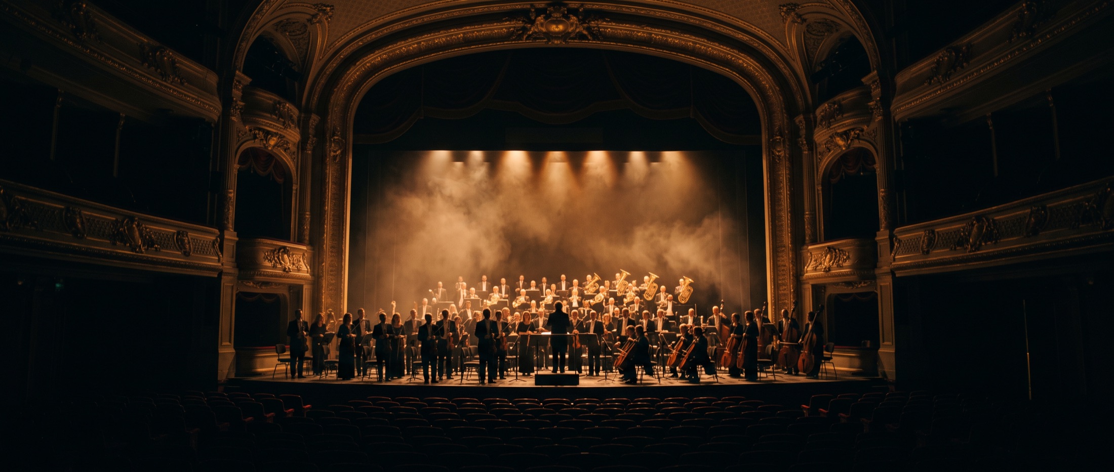 A large ensemble orchestra on a grand theater stage under dramatic lighting
