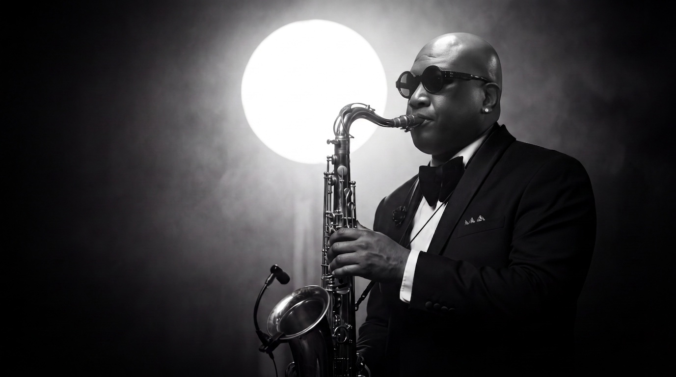 Harvey Cummings II in a tuxedo playing tenor saxophone, backlit by a circular spotlight