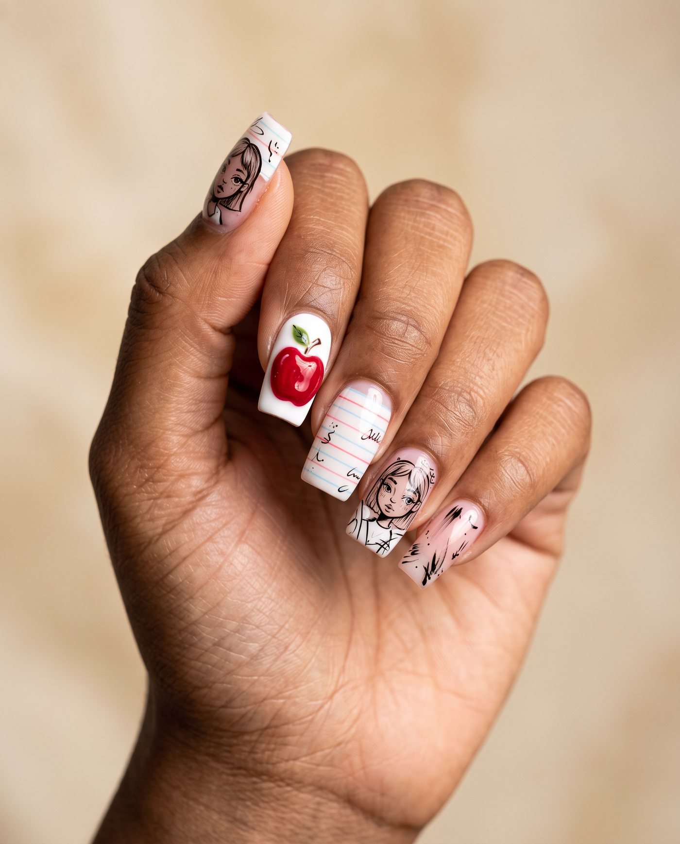 Square nails with hand-painted miniature illustration, a sculpted apple and fine linework