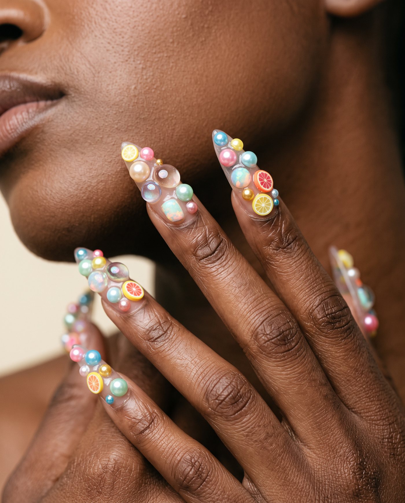 Long stiletto nails in jelly finish encrusted with 3D domes, pearls and sculpted fruit