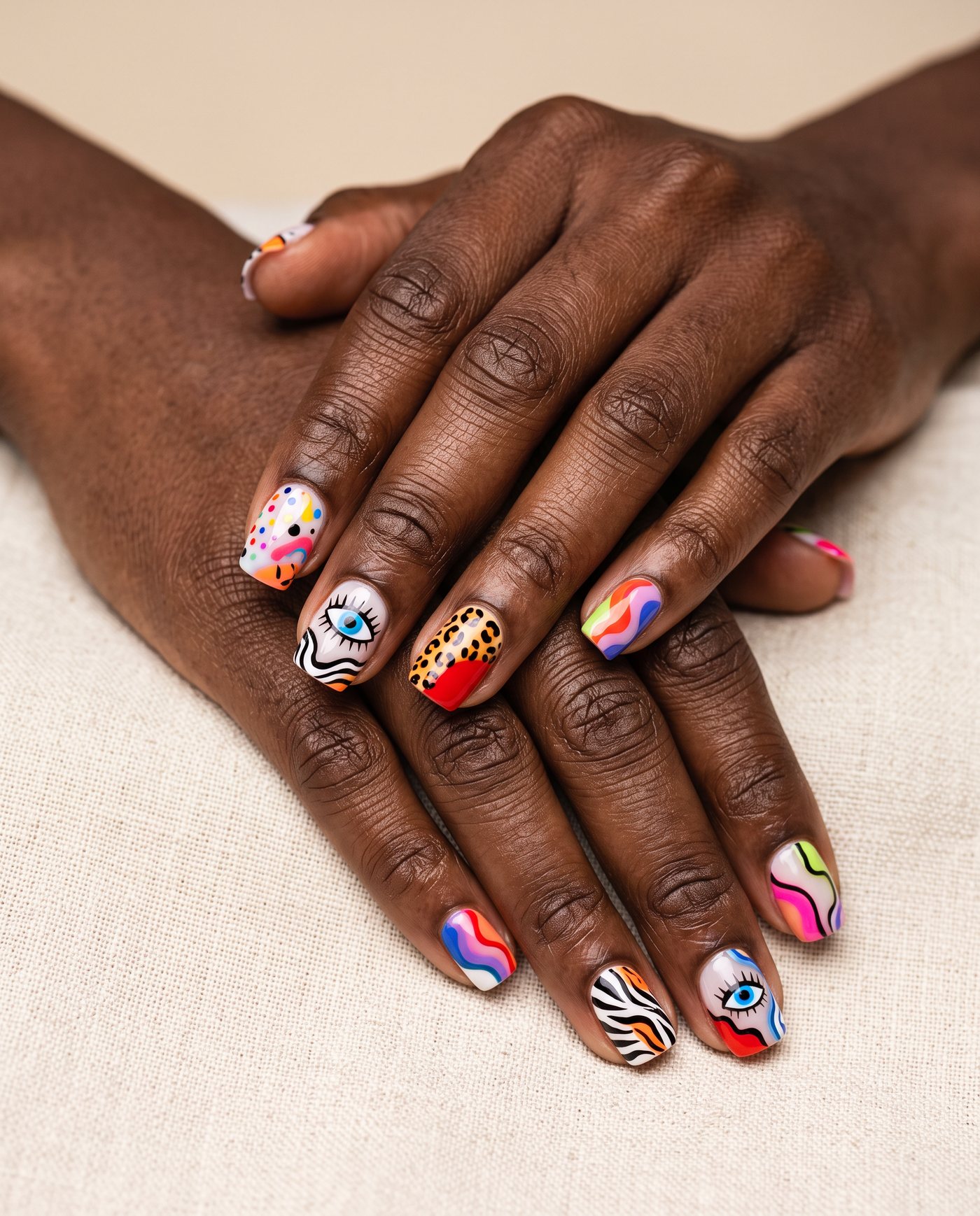 Short square nails with bold pop-art patterns, eye motifs and animal print